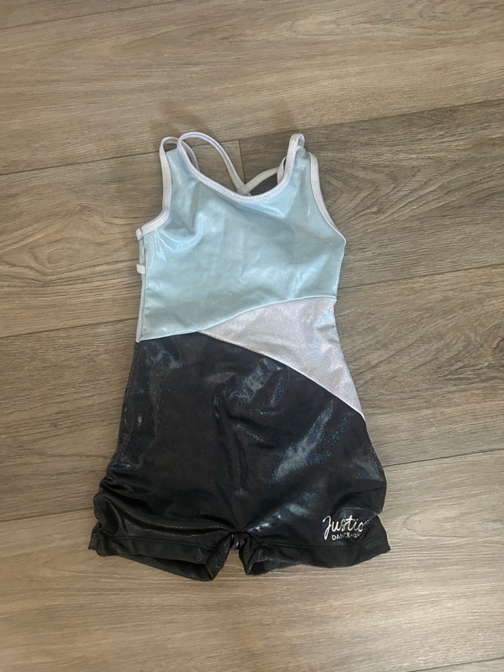 Justice Metallic Colorblock Dance Romper - Light Blue, Silver & Charcoal Sz 5-6Y